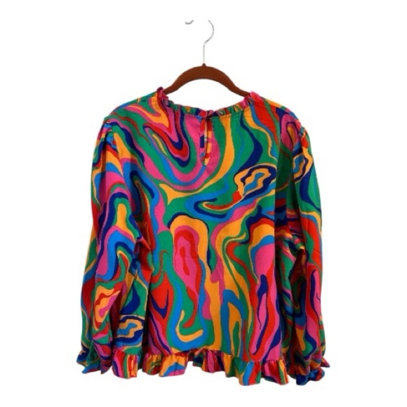 SHEIN Curve Psychedelic Swirl Ruffle Hem Long Sleeve Blouse 1XL - Picture 2 of 4